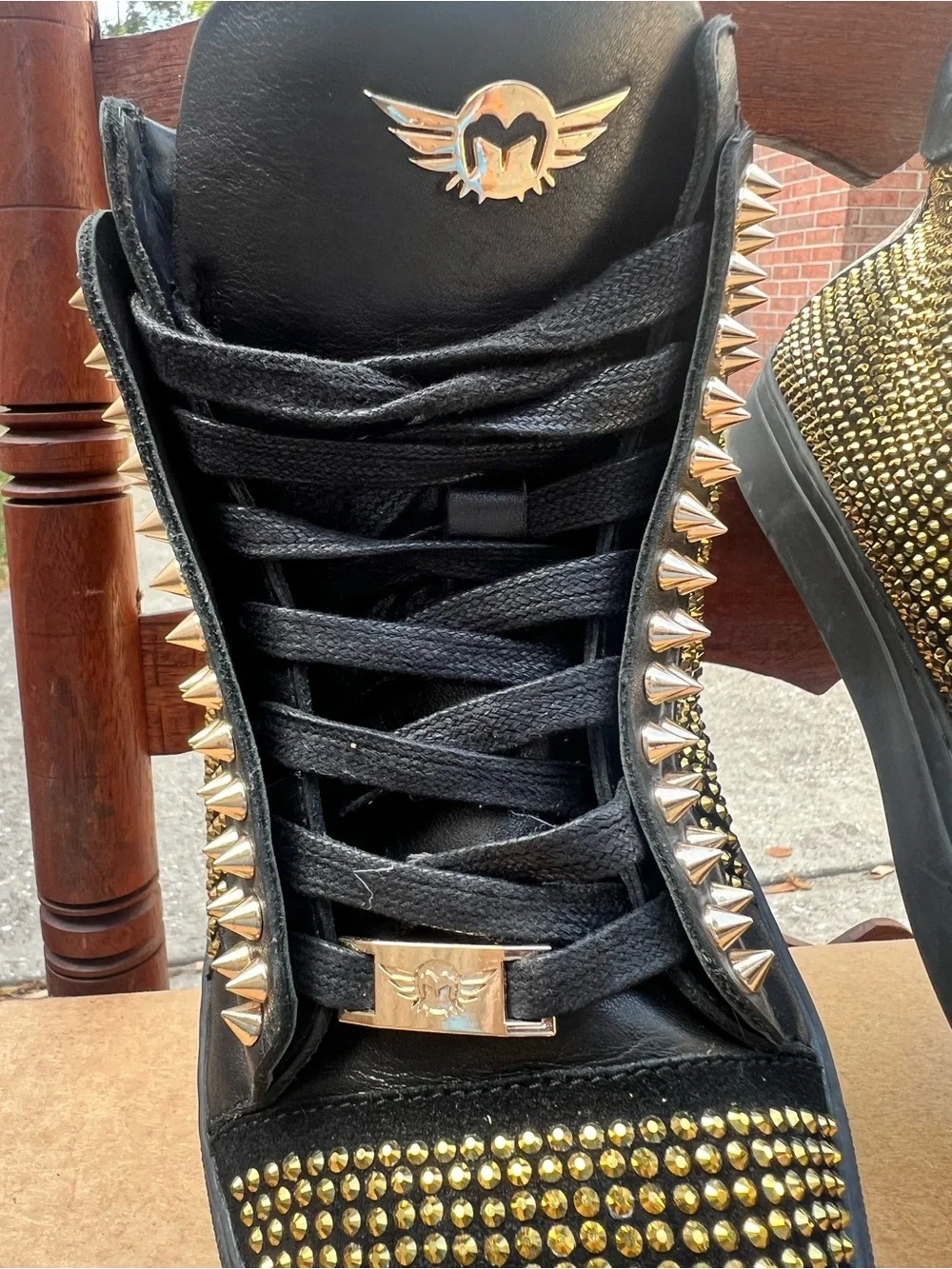 Ferrari Massari Men’s Mid-Top Spiked Sneaker Black Gold Leather